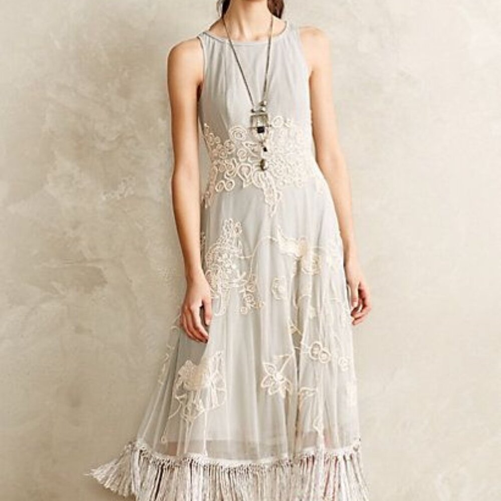 LEIFSDOTTIR Winter Solstice Lace & Fringe Pearl Gray Dress Orig $288 Size 4
